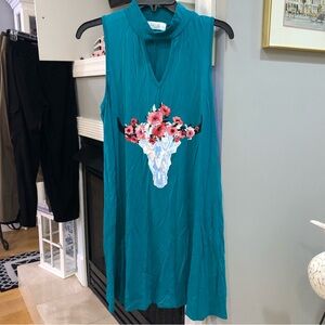 NEW Boutique Floral Bullhead Skull Sleeveless Tunic Western Boho Teal Dress